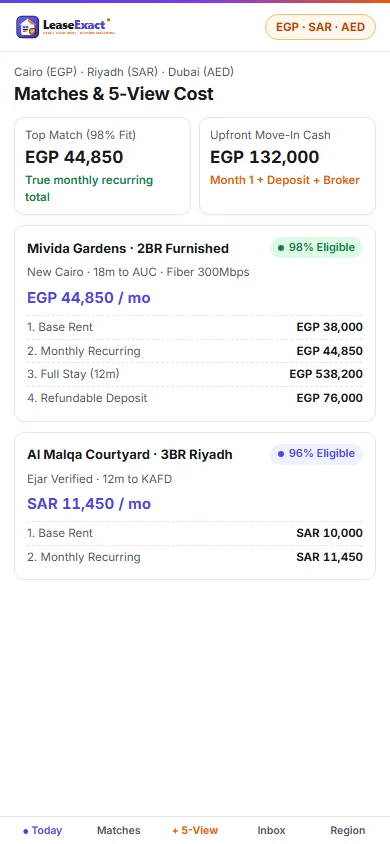 Supported Regions & Currencies — Egypt (EGP), Saudi (SAR), UAE (AED), Qatar (QAR), UK (GBP) | LeaseExact — Mobile